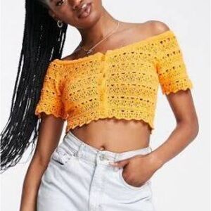 ASOS Design Orange Crochet Off-Shoulder Crop Top